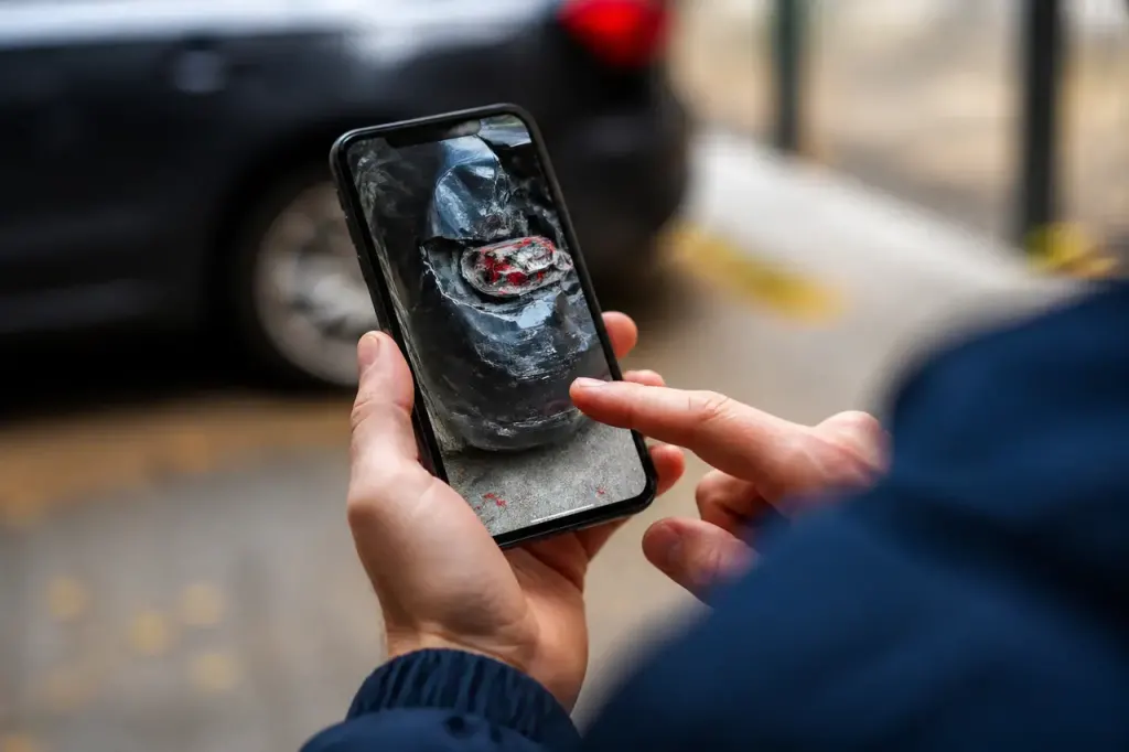 Main tenant un smartphone affichant une application de signalement