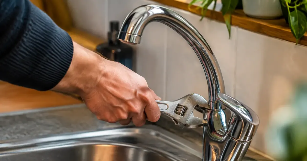 Main tenant une cle sur un robinet de cuisine