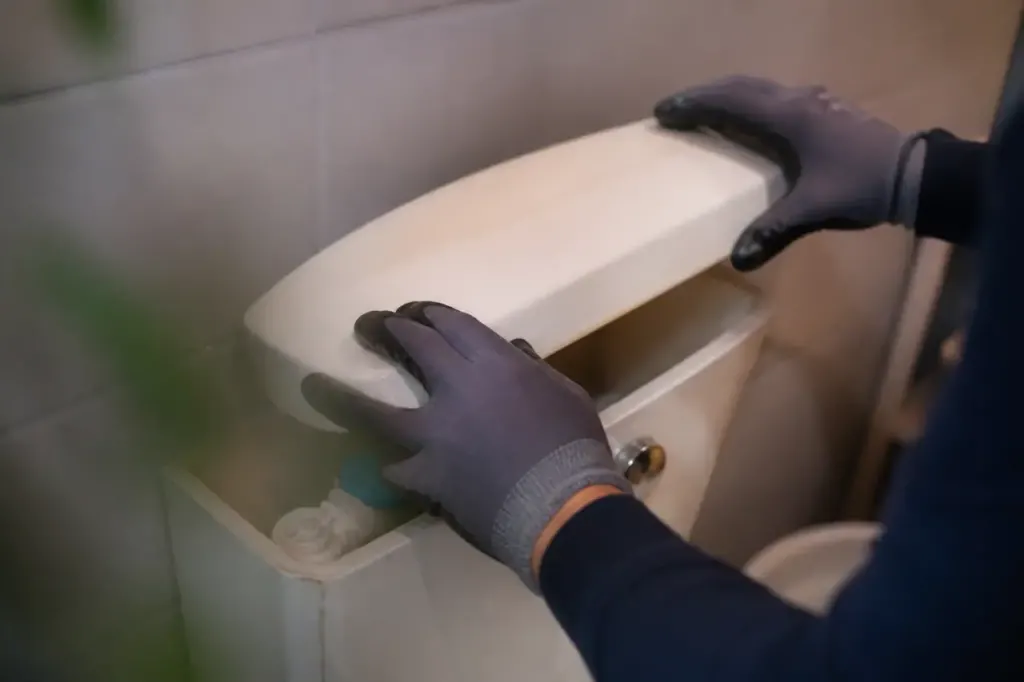 Mains gantees soulevant couvercle blanc reservoir toilettes