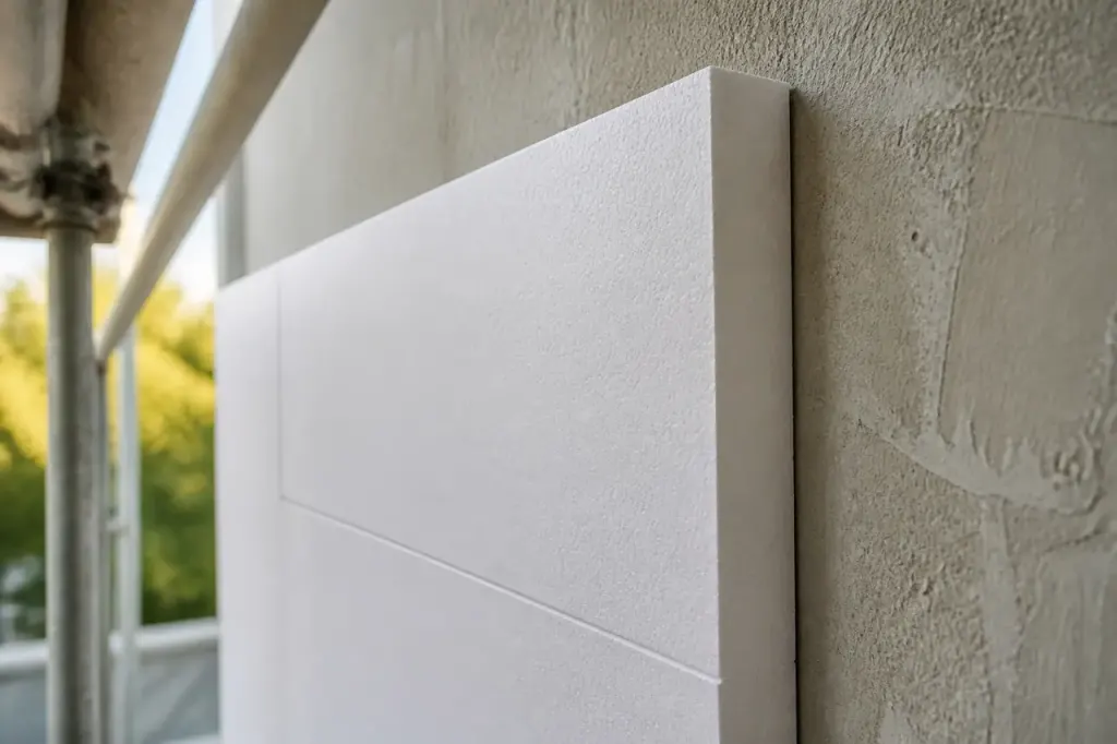 Mains posant un panneau isolant blanc sur un mur