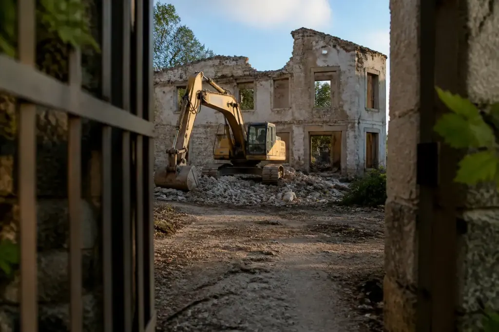 Maison abandonnee avec panneau arrete municipal et pelleteuse