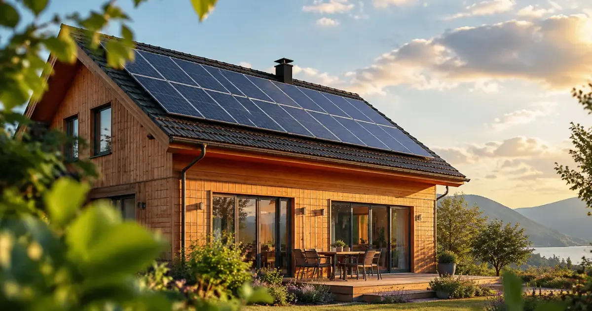 Maison en bois avec panneaux solaires sur le toit