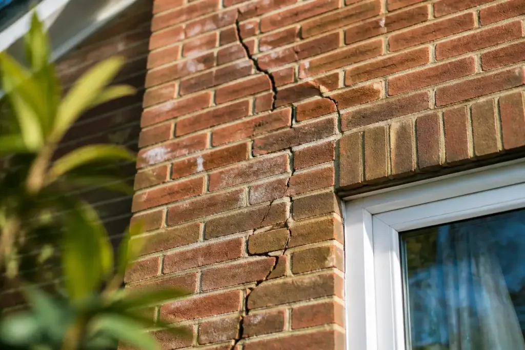 Maison individuelle aux fissures visibles sur facade en briques