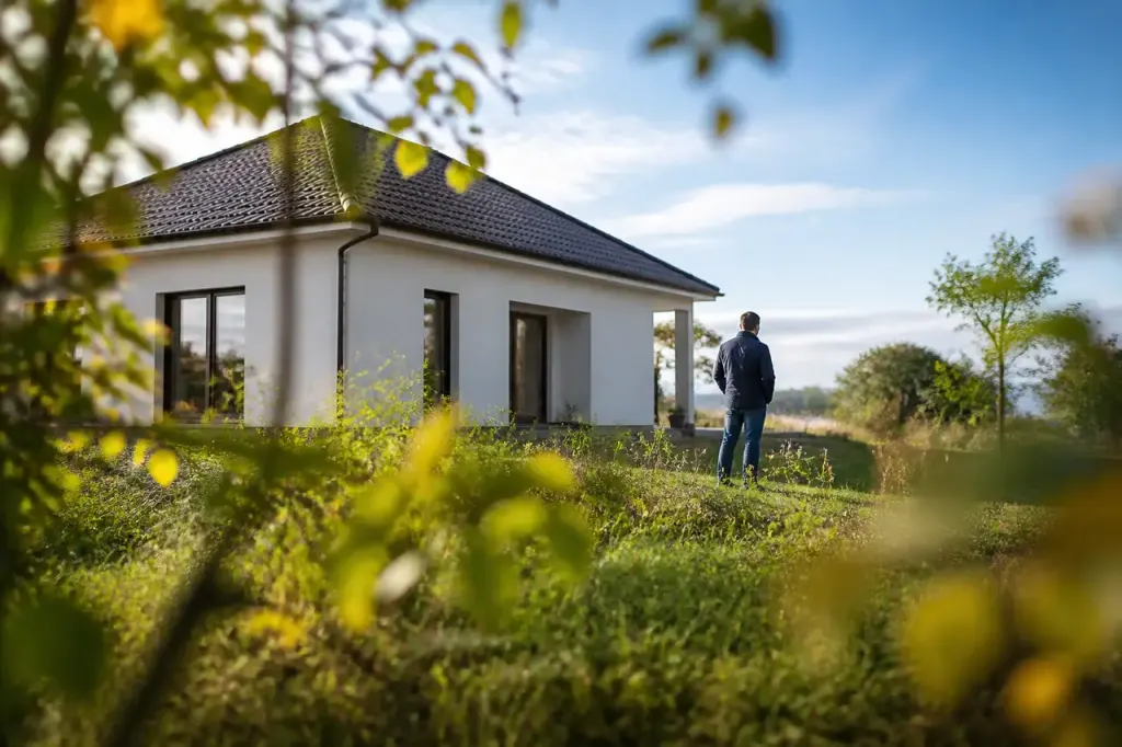 Maison neuve posee sur terrain herbeux avec panneau mairie