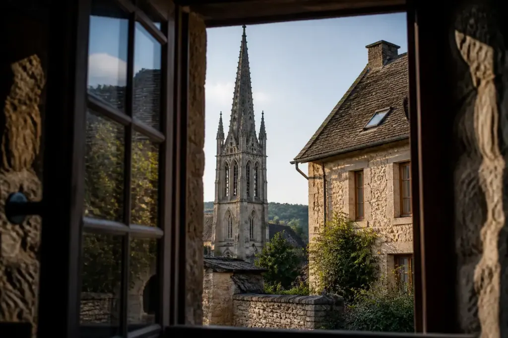 Maison en pierre face a un clocher gothique