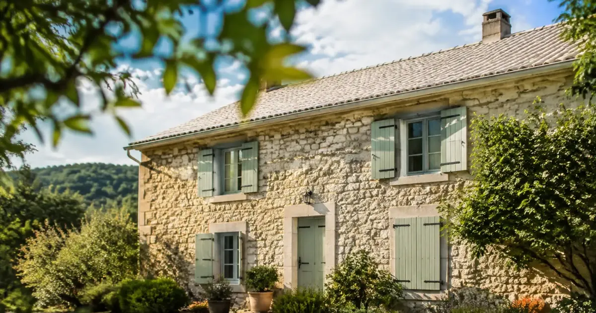Maison en pierre avec volets fermes et toit clair