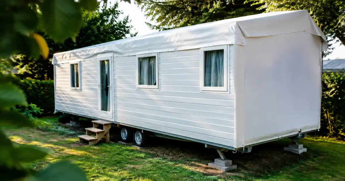 Mobil-home blanc bache sur pelouse, roues posees sur cales