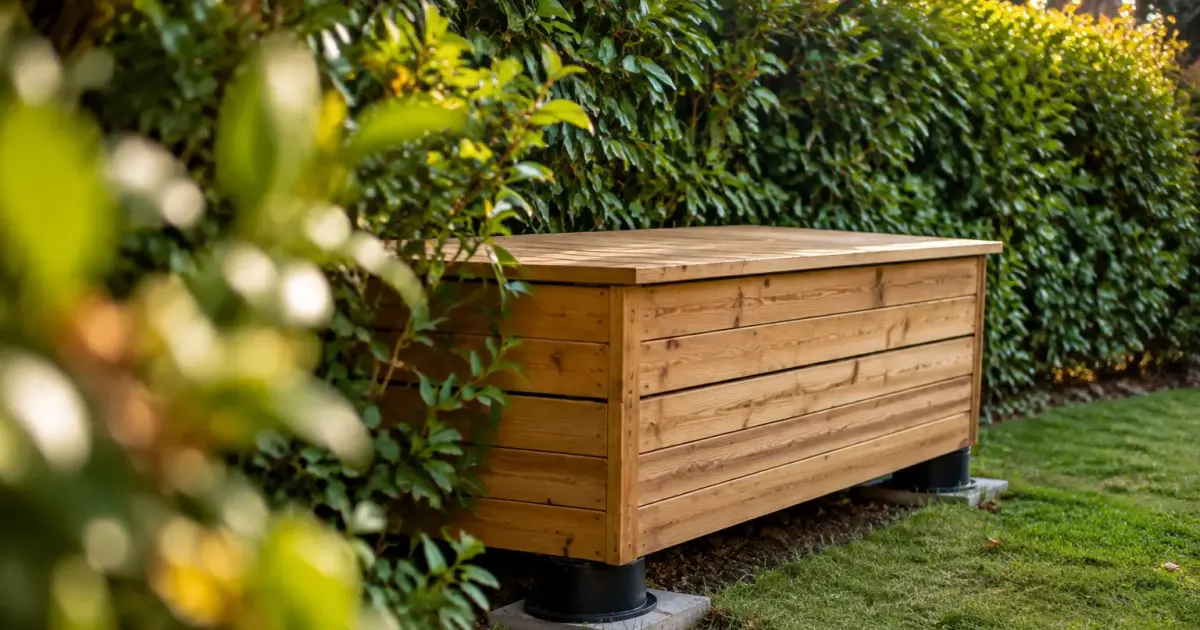 Module compact en bois sur plots contre une haie