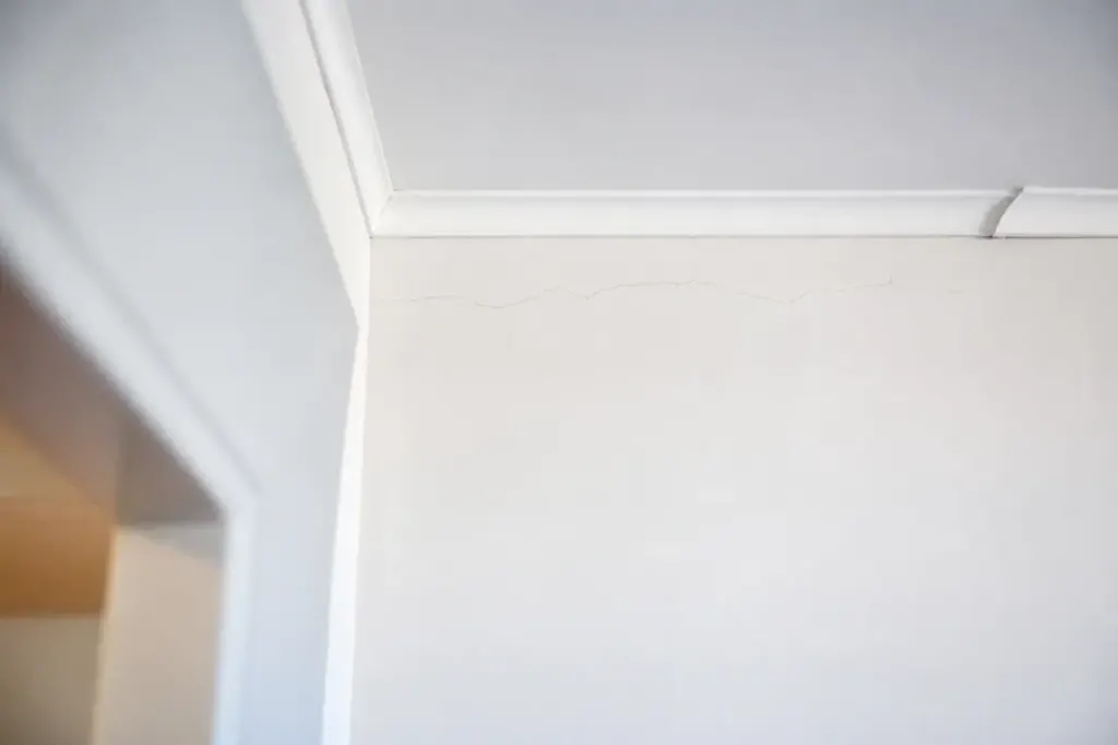 Mur blanc neuf, fines craquelures sous le plafond