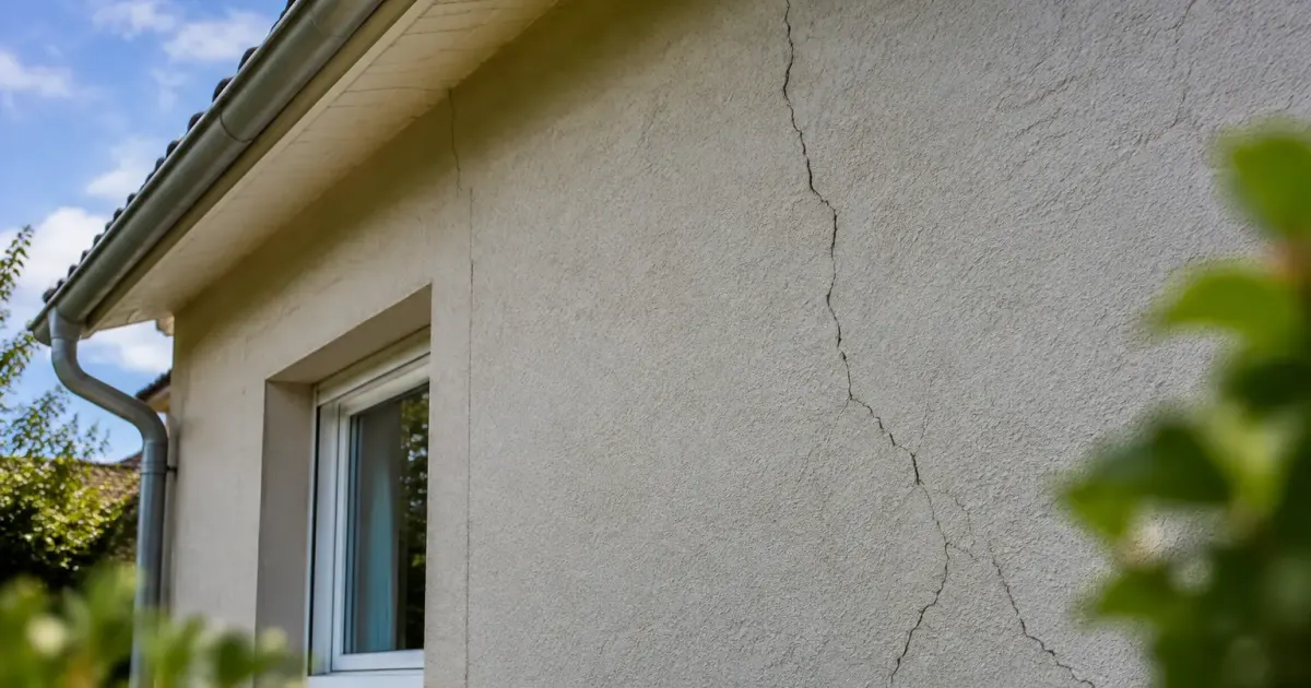 Mur exterieur du pavillon avec fissures verticales