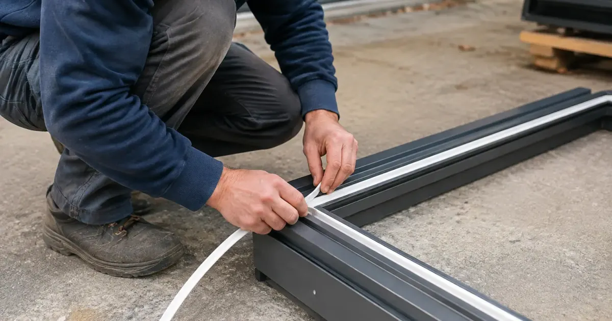 Ouvrier accroupi insere un caoutchouc blanc dans un chassis