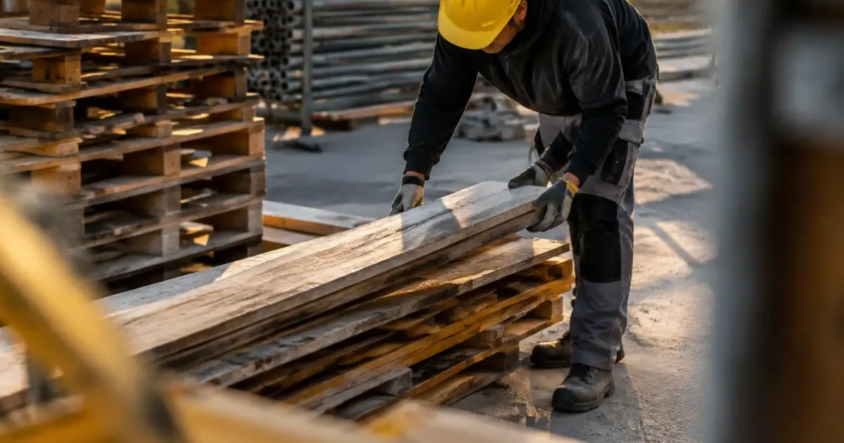 Ouvrier debout posant planches de palette sur chantier