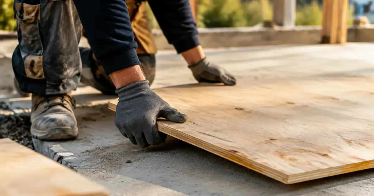 Ouvrier debout pose panneau de bois sur dalle beton
