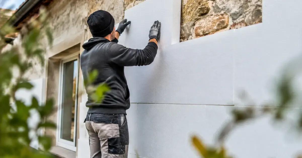 Ouvrier fixant panneaux isolants blancs sur facade ancienne