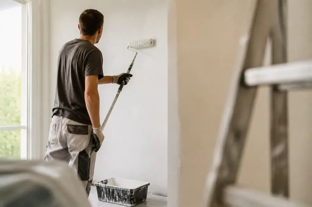 Ouvrier peignant un mur avec rouleau et bac