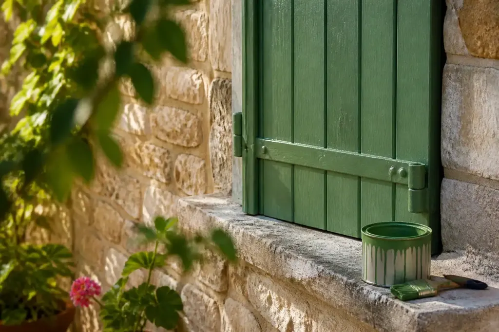 Ouvrier peignant un volet vert sur facade en pierre