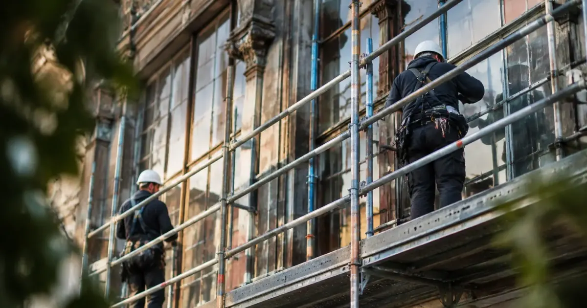 Ouvriers casques sur echafaudage devant ancienne facade vitree