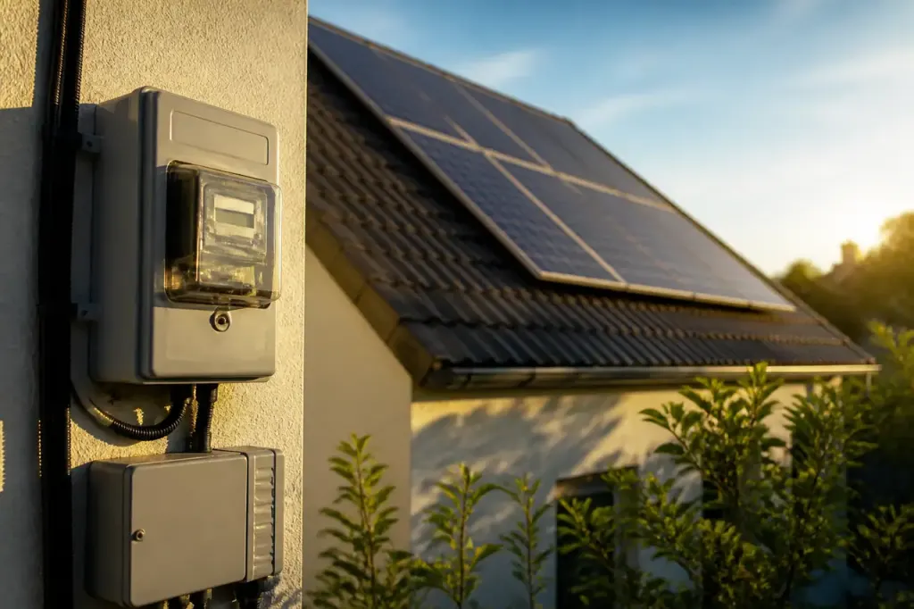 Panneaux solaires sur un toit avec compteur electrique