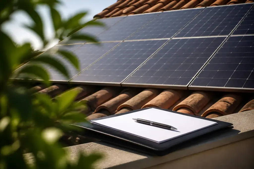 Panneaux solaires sur toit avec dossier et stylo