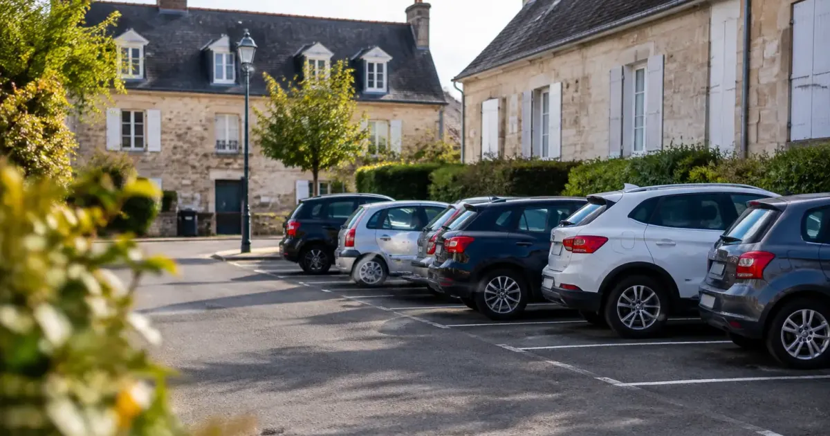 Parking public vide avec panneau municipal et voitures garees