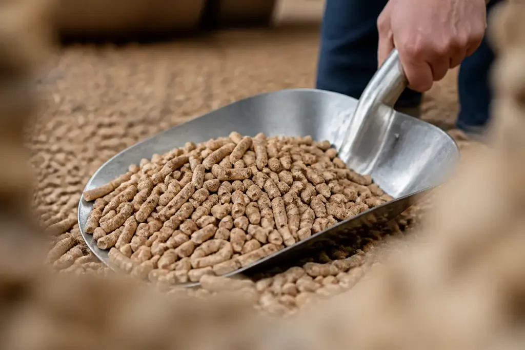 Pelle metallique posee sur des granules de bois
