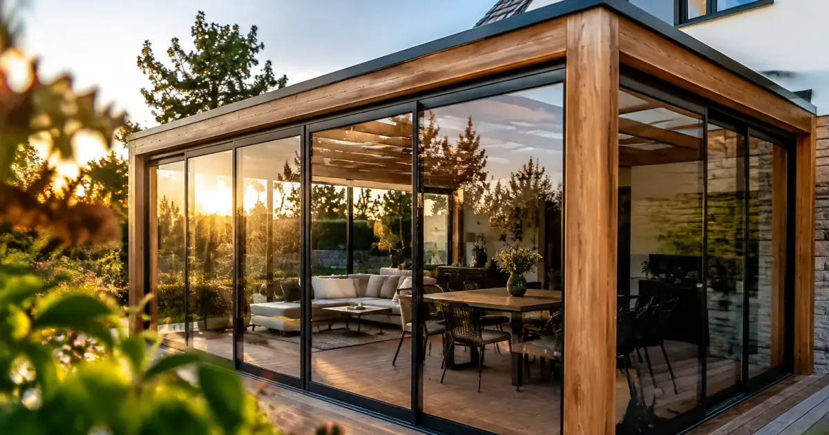 Pergola en bois fermee par des baies vitrees coulissantes