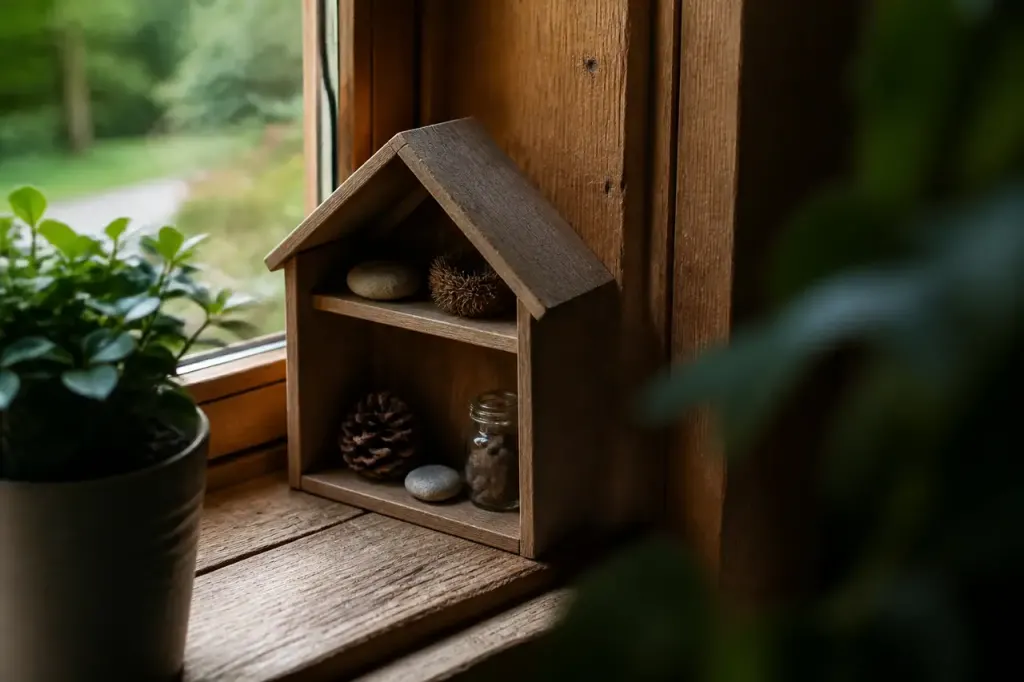 Petit abri en bois près d'une fenêtre