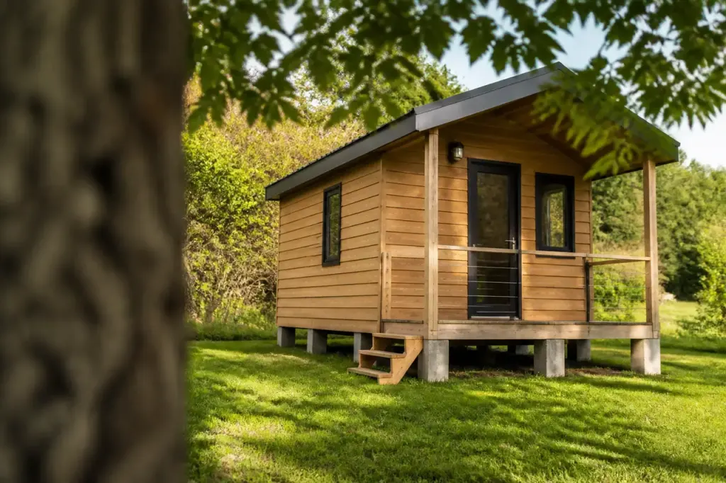Petite maison en bois avec fondations visibles sur pelouse
