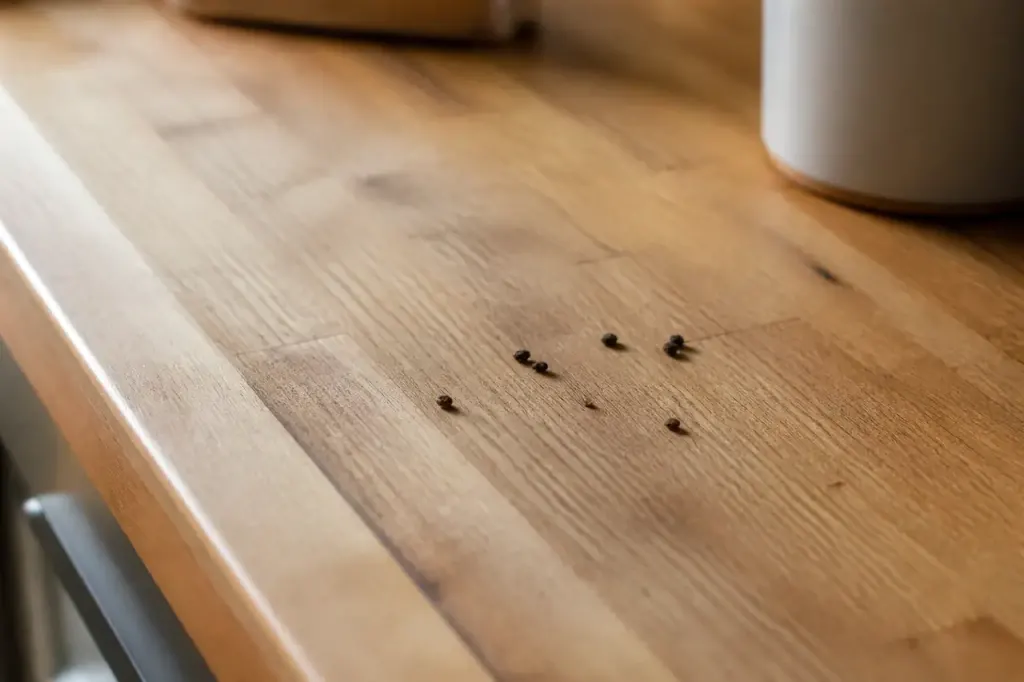 Petites crottes brunes sur plan de travail en cuisine
