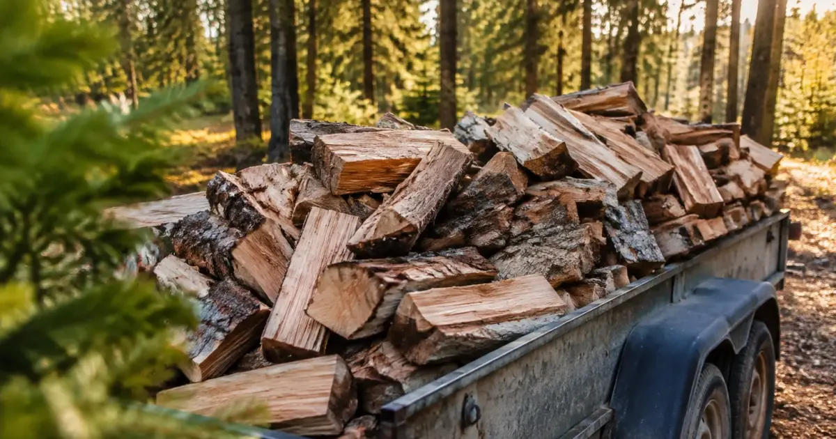 Pile de buches fendues sur une remorque en foret