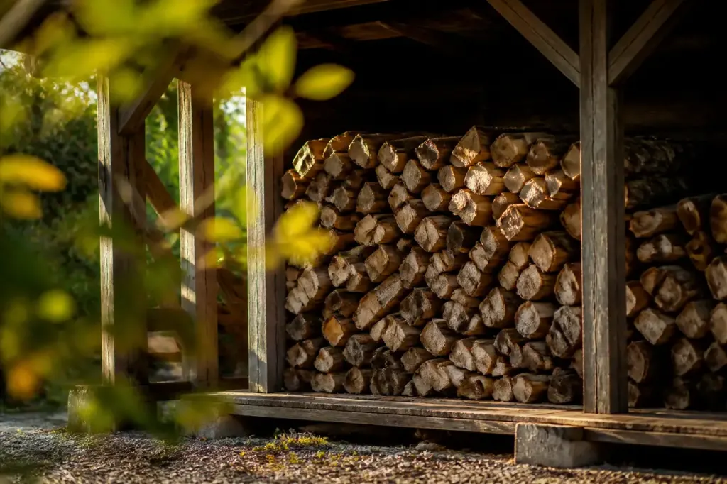 Piles de bois fendu sous un abri ouvert