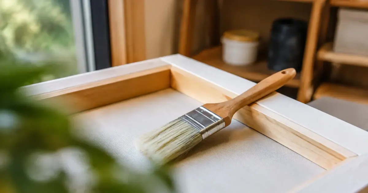 Pinceau posé sur un chassis de bois blanc