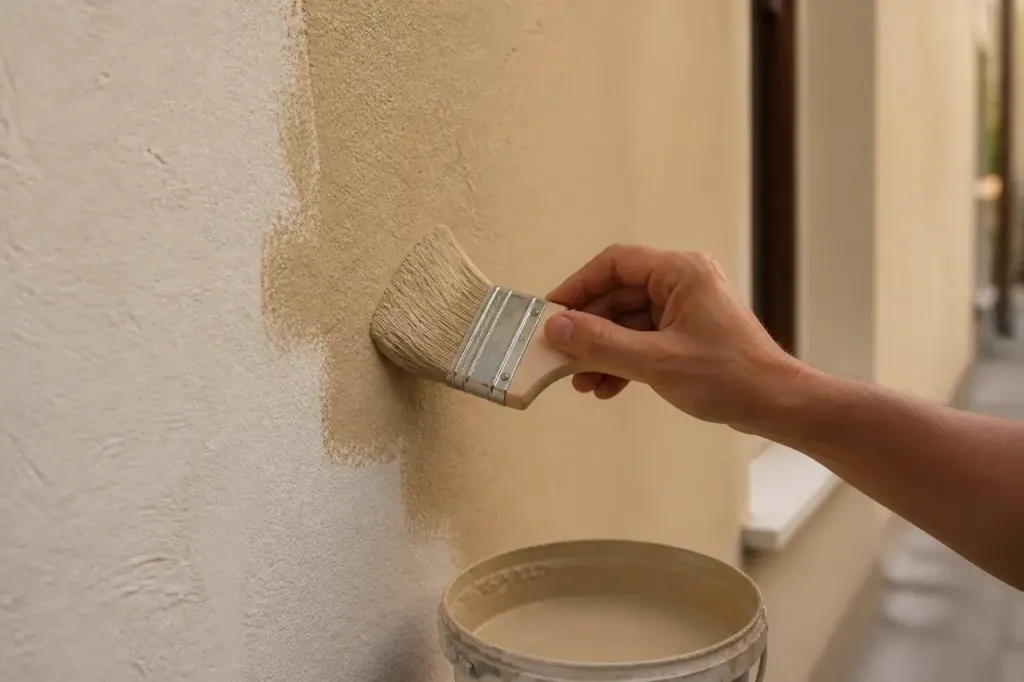 Pinceau et pot de peinture beige sur une facade