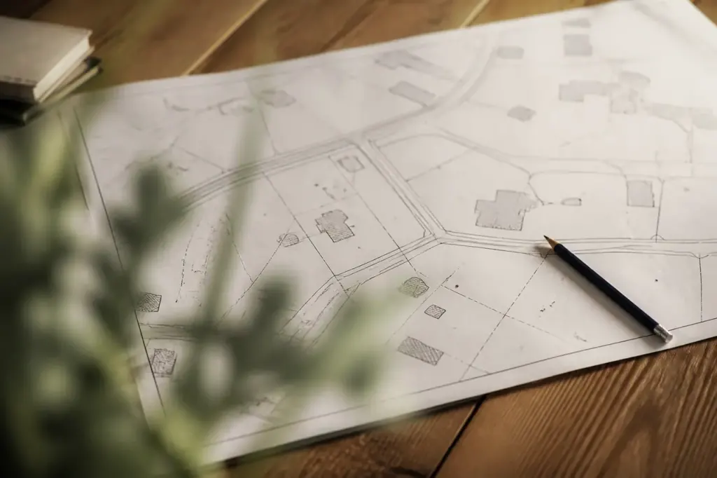 Plan cadastral, photos et crayon sur une table