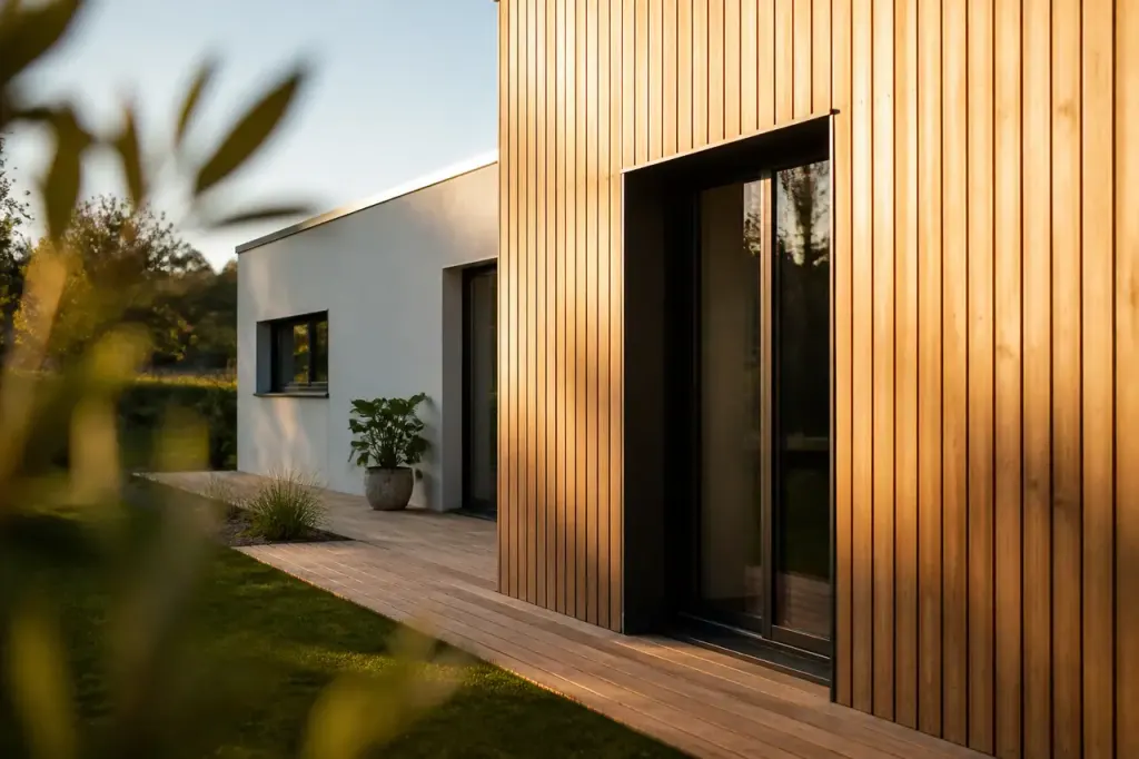 Planches verticales en bois clair sur une maison moderne