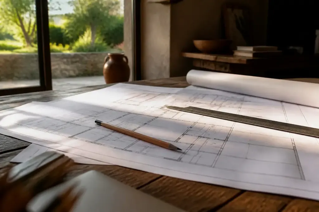 Plans maison etales sur table avec crayon et regle