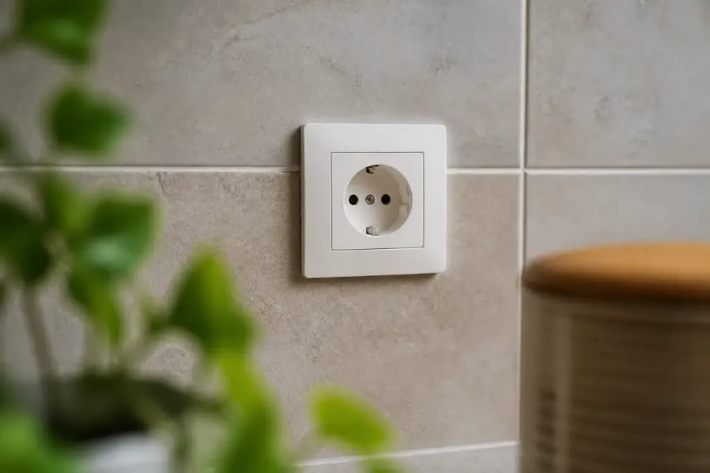 Prise murale blanche encastree dans un mur carrele