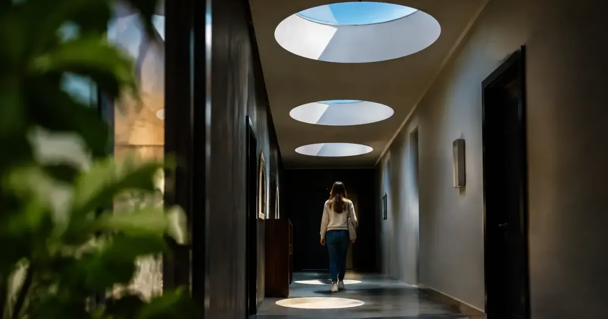 Puits de lumiere au plafond eclairant un couloir sombre