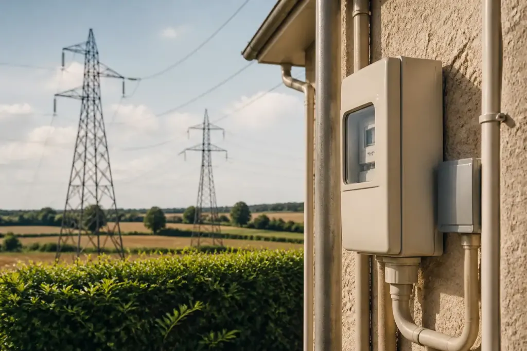 Pylones haute tension et compteur electrique sur facade