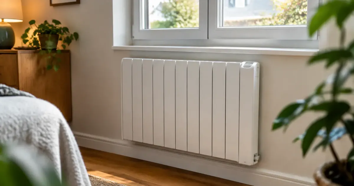 Radiateur électrique blanc fixé au mur sous une fenêtre