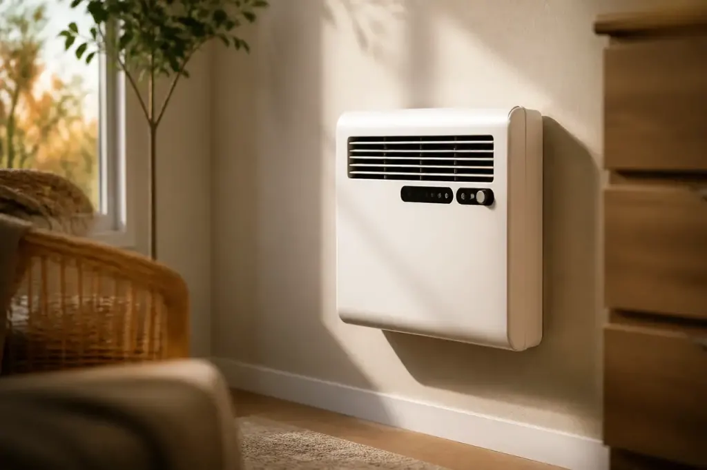 Radiateur soufflant blanc fixé au mur avec afficheur numérique