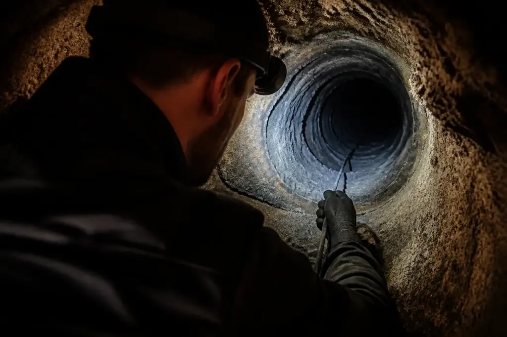 Ramoneur verifiant un conduit de cheminee avec lampe frontale
