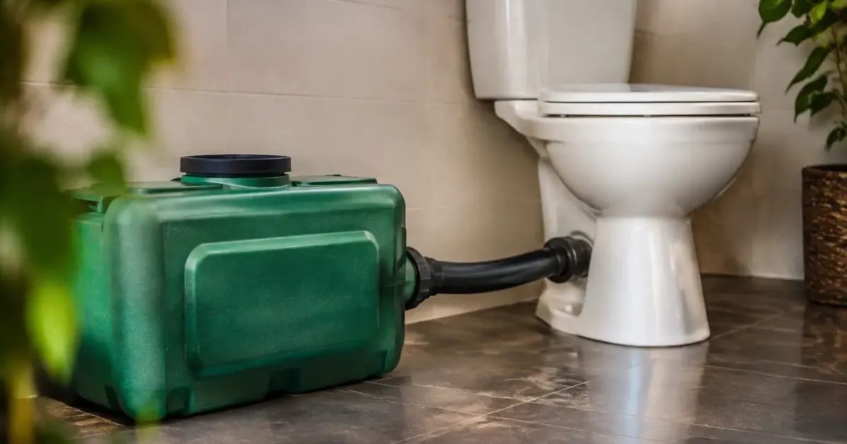 Reservoir vert au sol, tuyau noir vers toilettes blanches