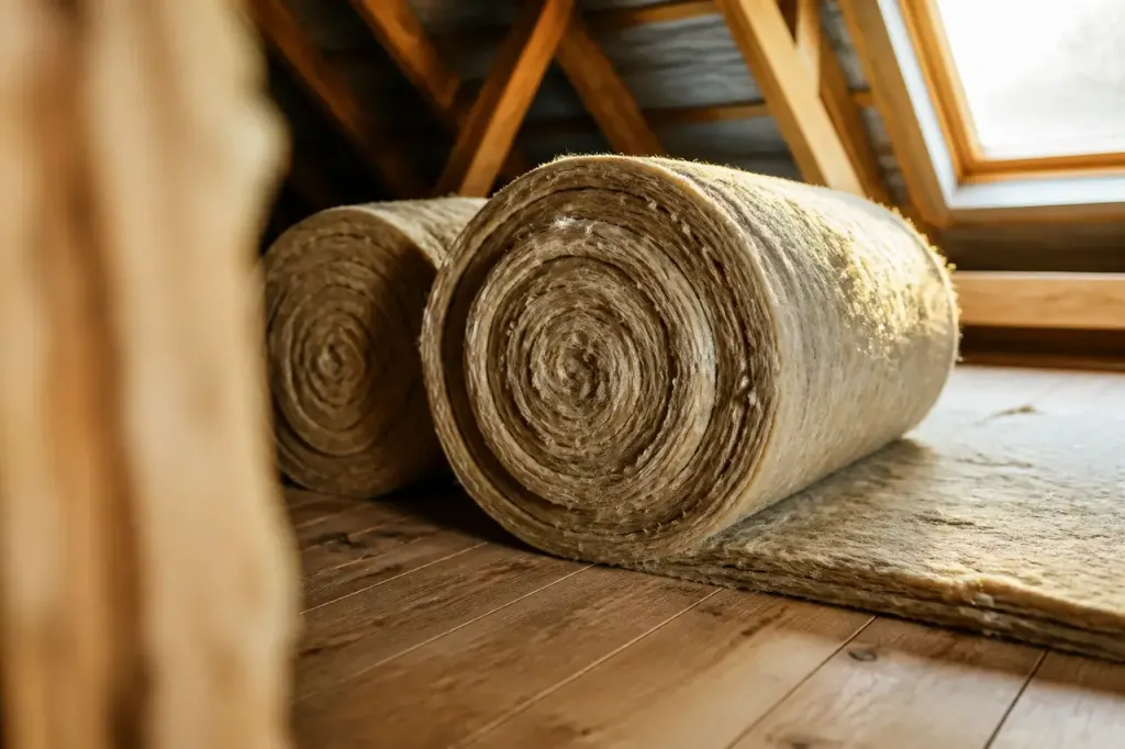 Rouleaux de laine isolante poses sur plancher de grenier