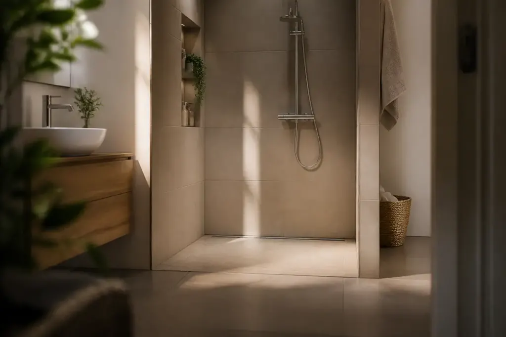 Salle de bain moderne avec douche accessible sans seuil