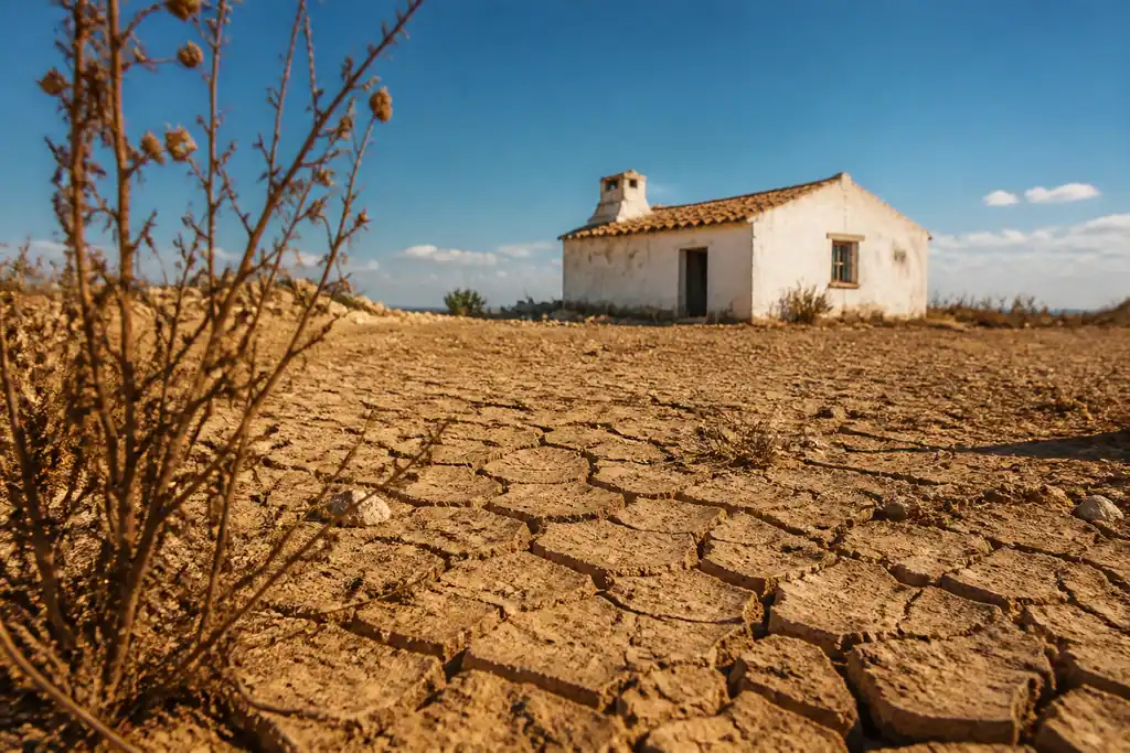 Sol craquele et desseche devant une petite maison