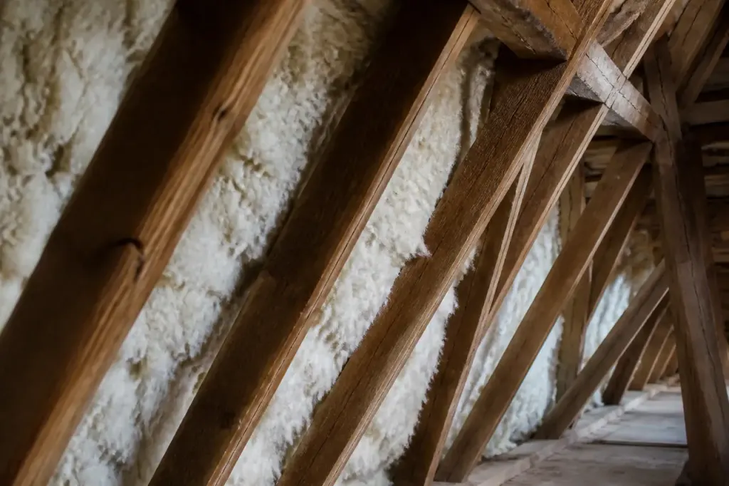 Solives en bois couvertes de laine blanche