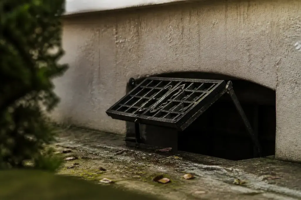 Soupirail ouvert, gouttes d'eau sur mur de cave
