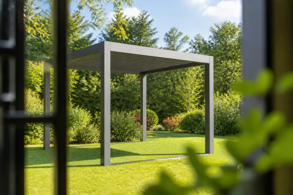 Structure metallique grise installee sur une pelouse verte