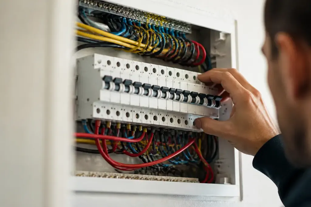 Tableau electrique ouvert avec disjoncteurs alignes cables colores